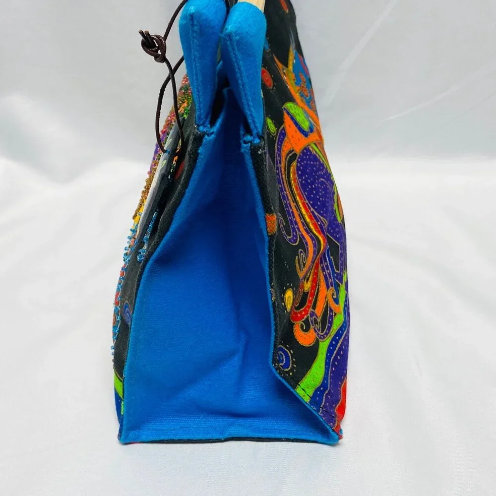 Laurel Burch Small Canvas Art Tote Bag With Blue Wooden Handles Horse Print
